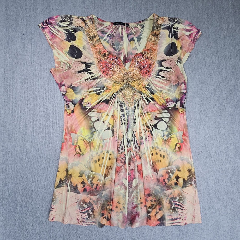 Apt 9 Women's Multicolor Beaded Blouse Short Sleeve Sz Large